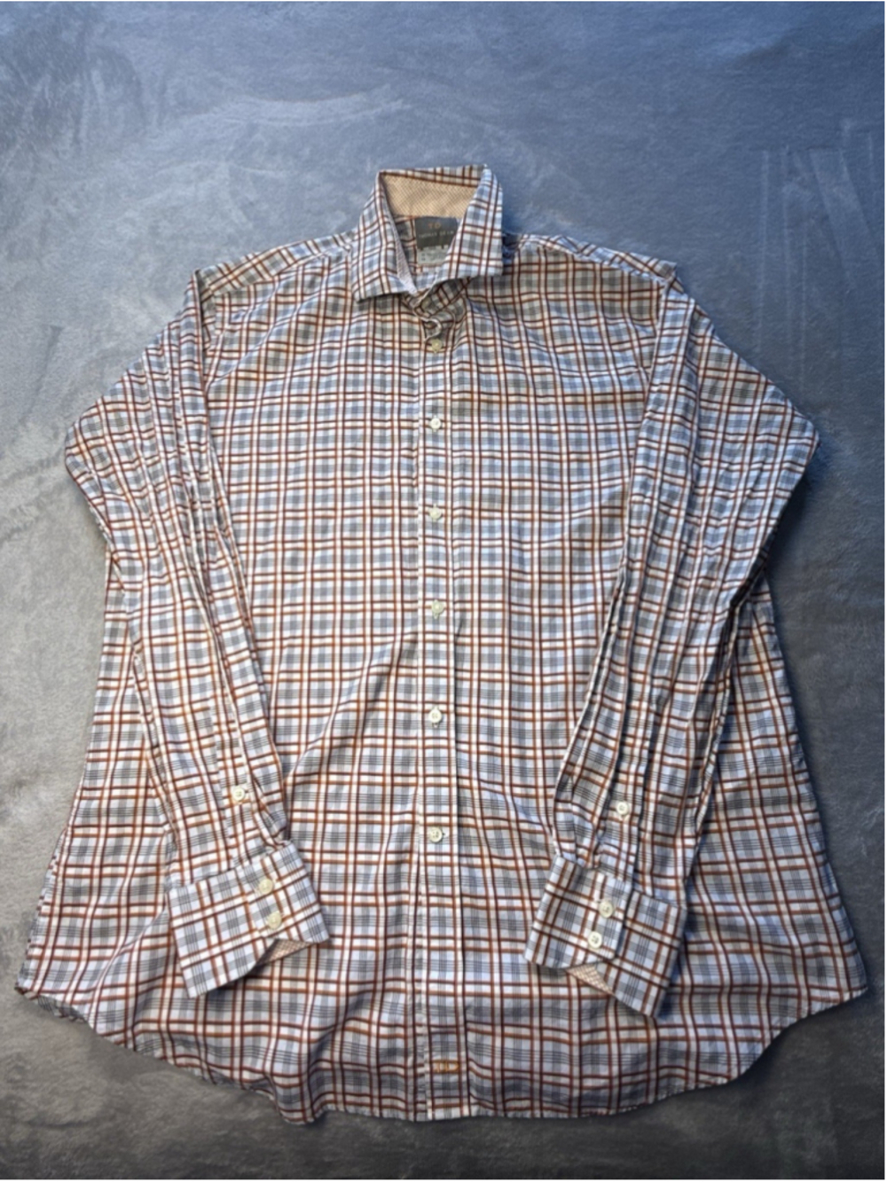 Thomas Dean XL 17.5 34/35 Cotton Non-Iron Blue Red White Check Dress Shirt